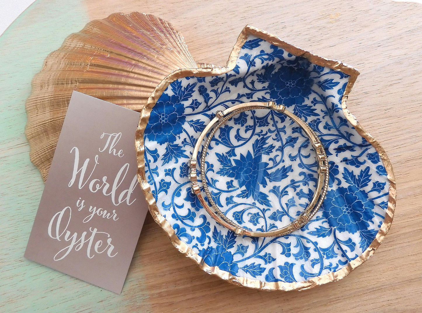 SCALLOP TRINKET DISH JEWELLERY HOLDER - BLUE FLORAL