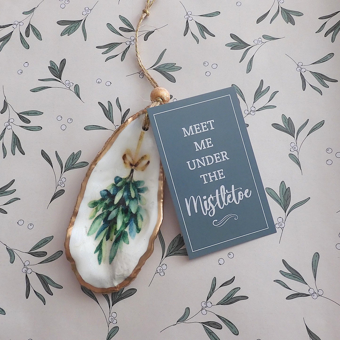 HANGING OYSTER SHELL CHRISTMAS ORNAMENT 'Meet me under the Mistletoe'