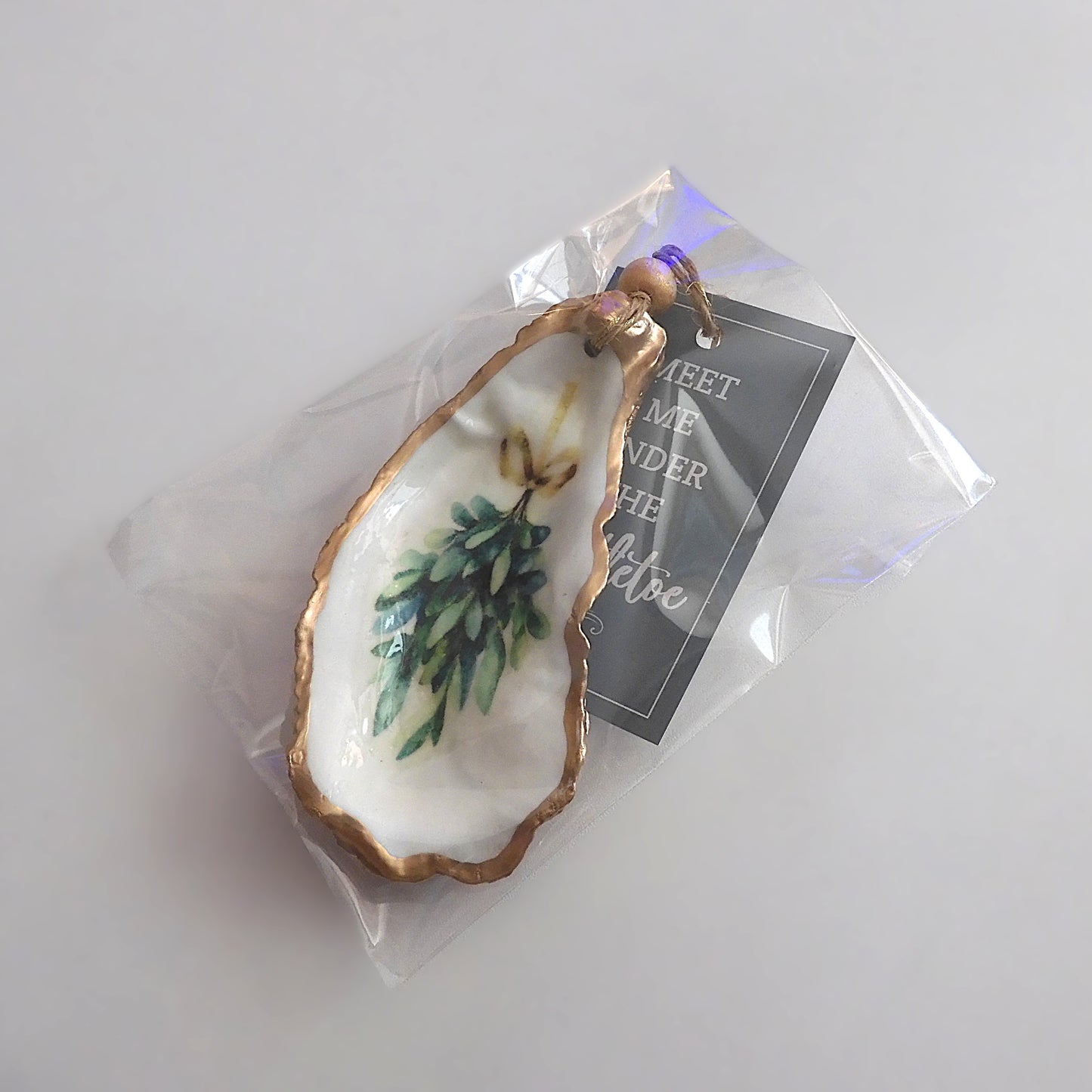 HANGING OYSTER SHELL CHRISTMAS ORNAMENT 'Meet me under the Mistletoe'