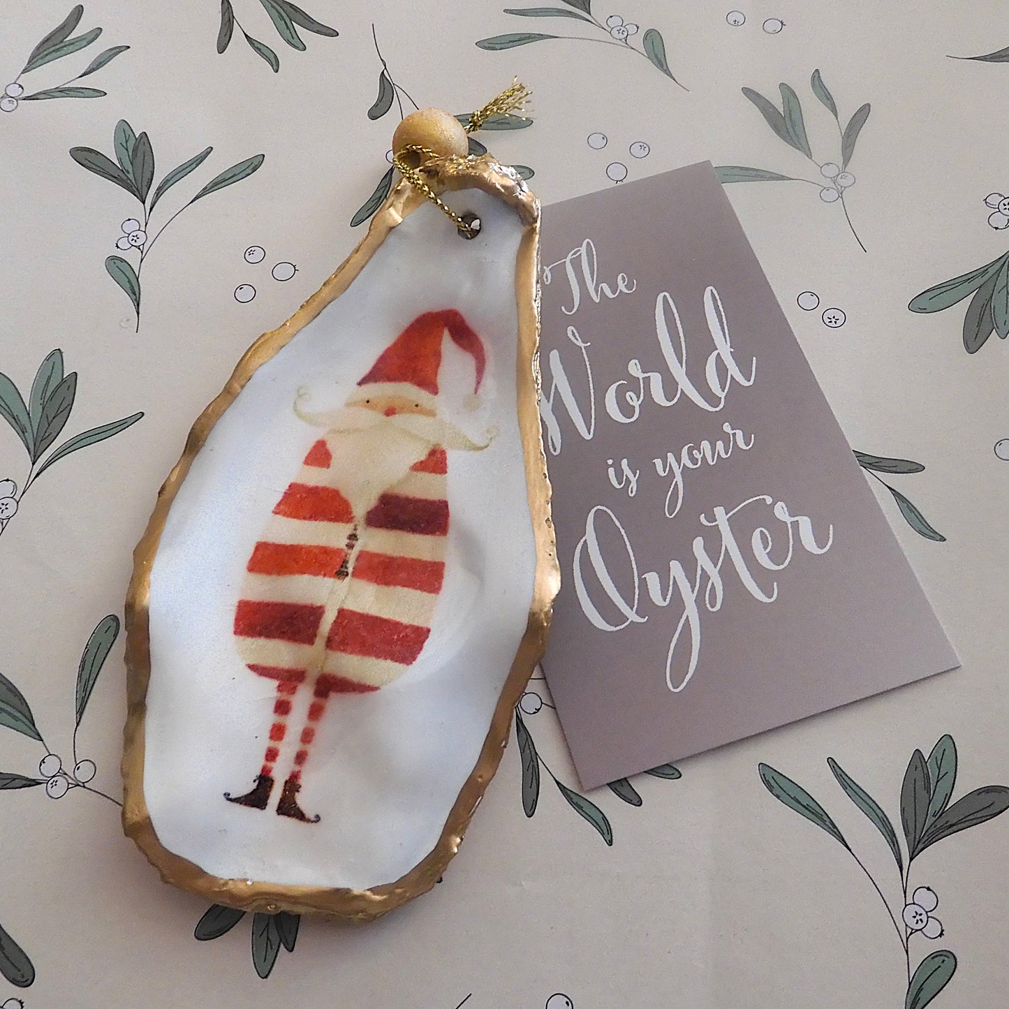 HANGING OYSTER SHELL CHRISTMAS ORNAMENT ' Striped Santa'