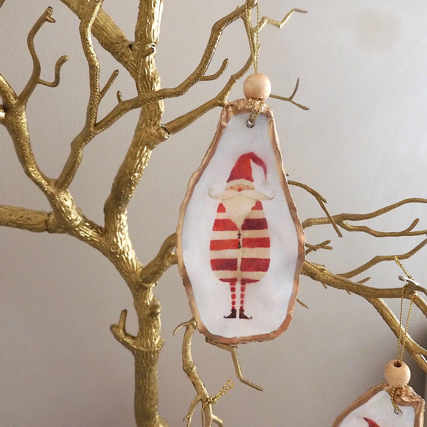HANGING OYSTER SHELL CHRISTMAS ORNAMENT ' Striped Santa'