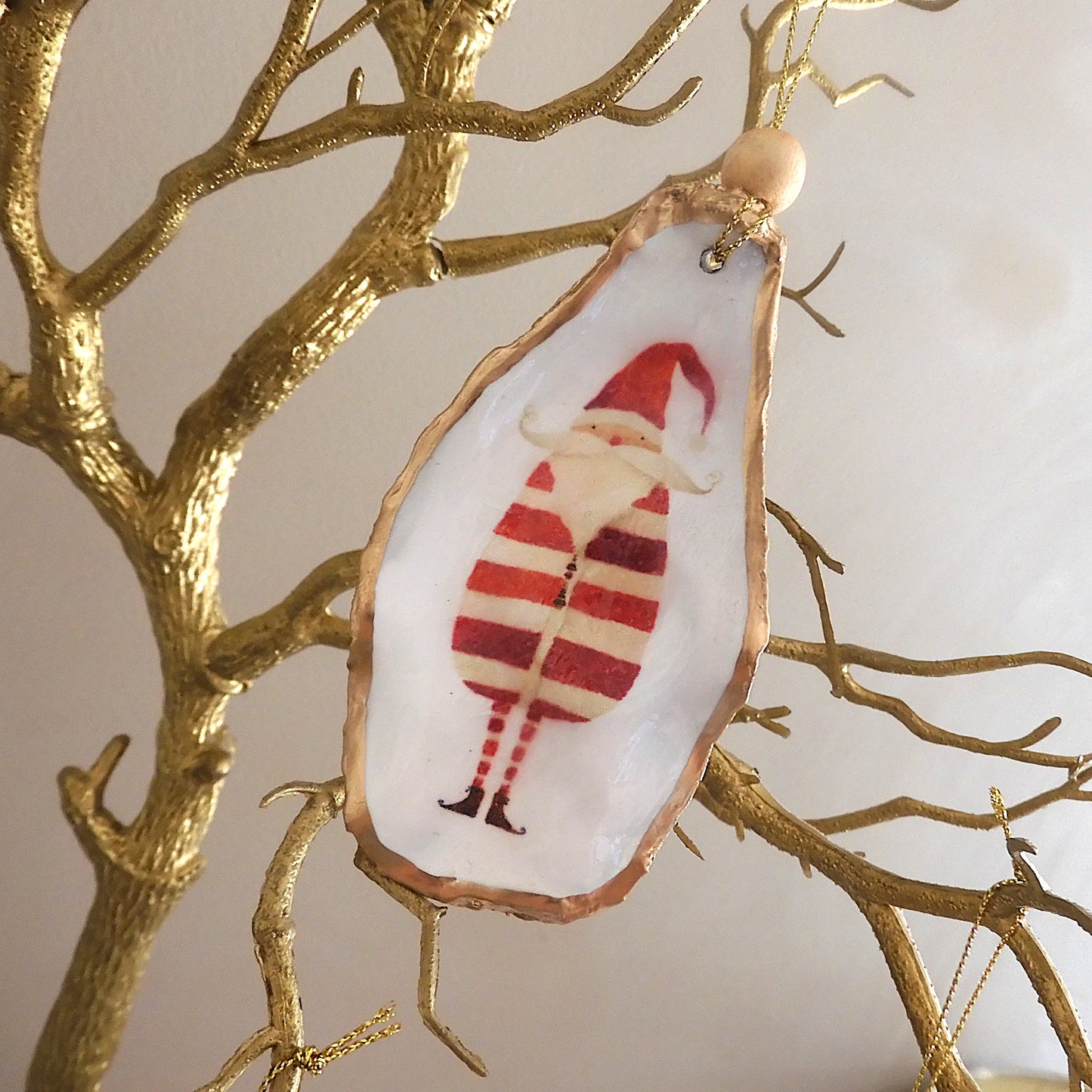 HANGING OYSTER SHELL CHRISTMAS ORNAMENT ' Striped Santa'