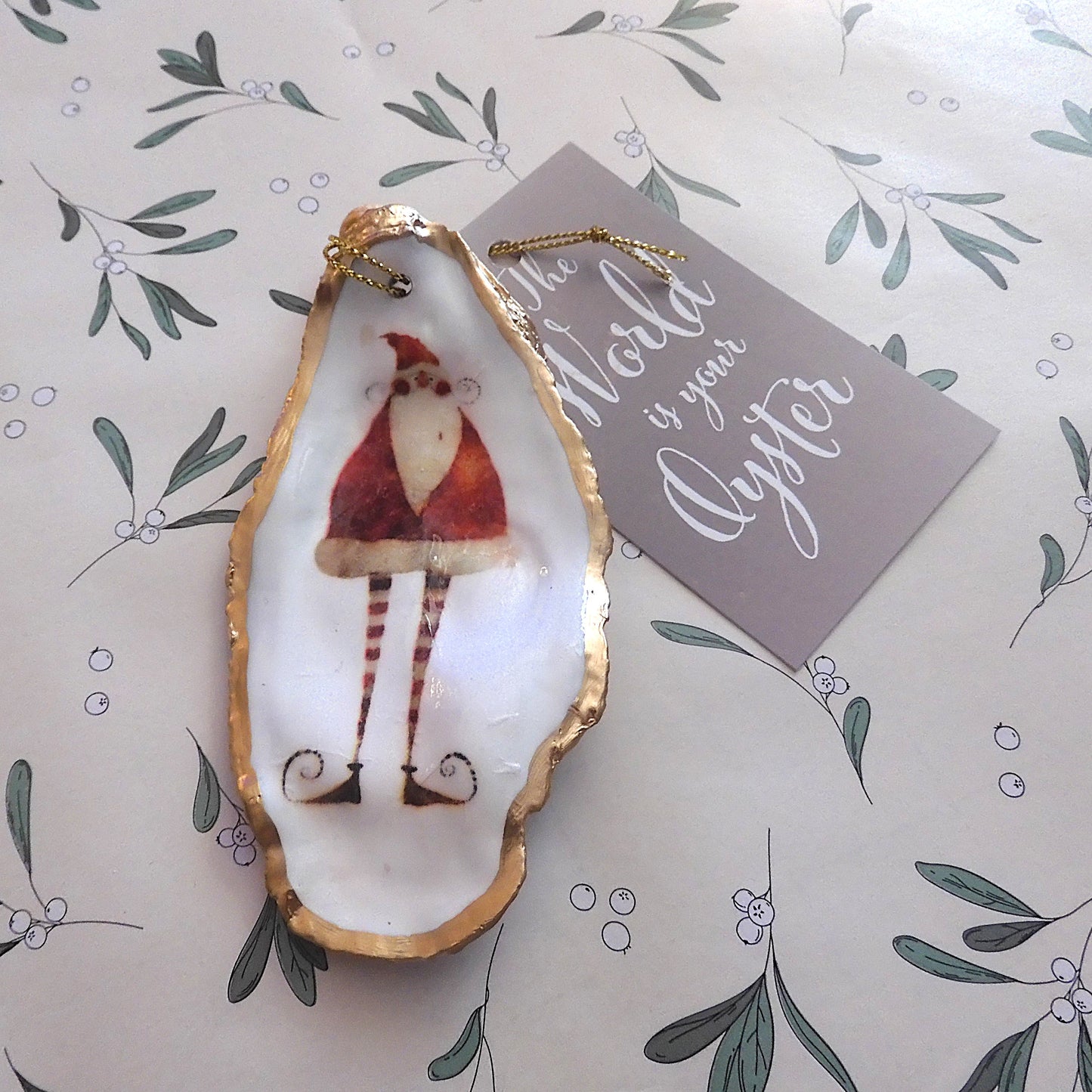 HANGING OYSTER SHELL CHRISTMAS ORNAMENT ' Santa with striped legs'