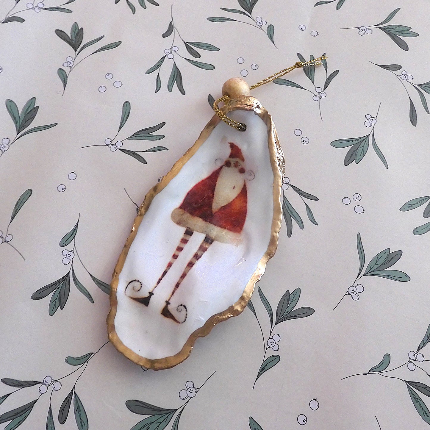 HANGING OYSTER SHELL CHRISTMAS ORNAMENT ' Santa with striped legs'