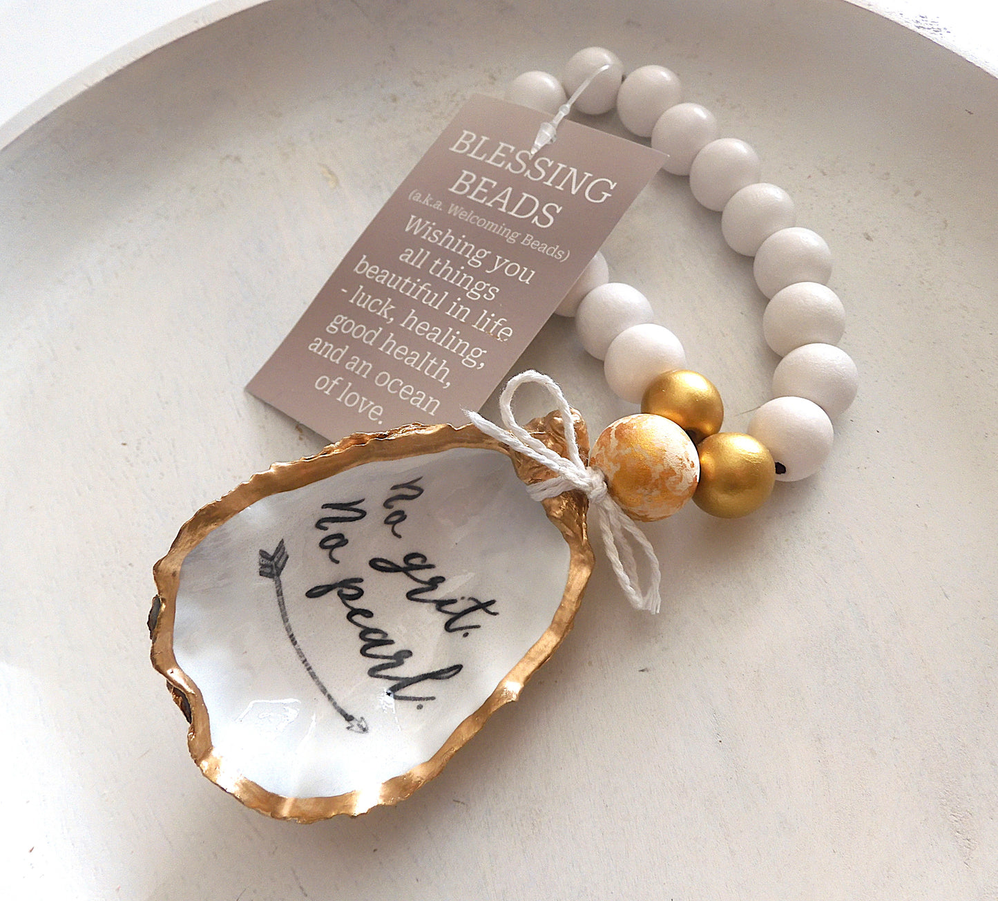 Beach Home Gift Ideas Oyster Shell BLESSING BEADS Hanger (Small) 8-9cm SHELL 'No Grit No Pearl'