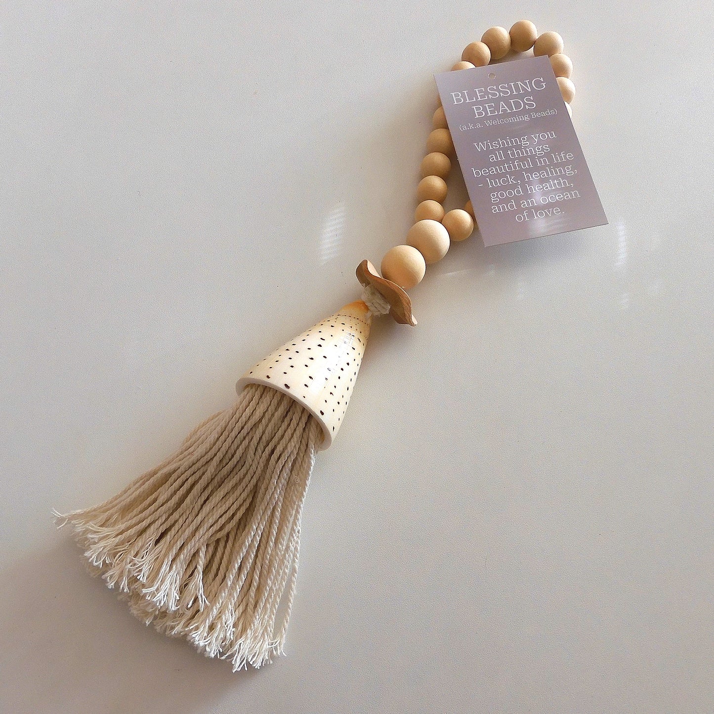 COASTAL BLESSING BEADS WITH CONUS SHELL & TASSEL 'NATURAL'