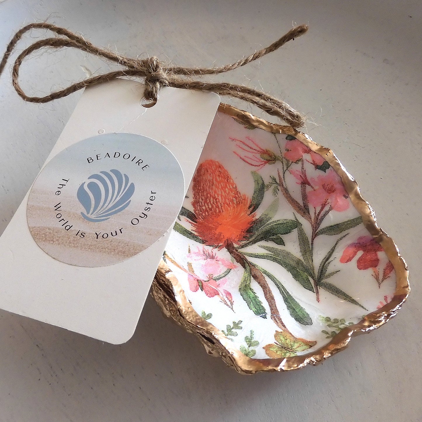 OYSTER SHELL TRINKET DISH XL - PINK BUSH FLOWERS