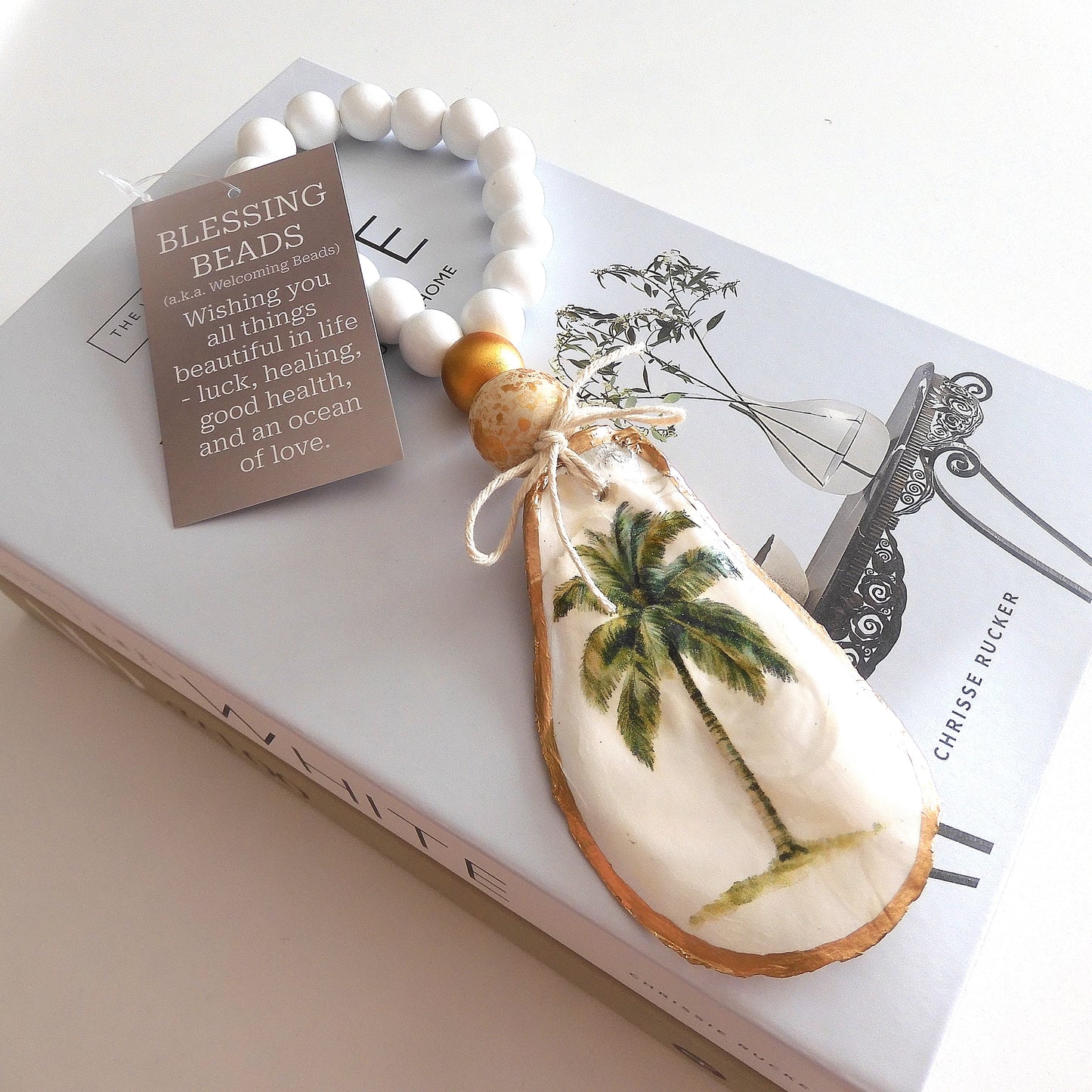 OYSTER SHELL BLESSING BEADS HANGER 12-13cm SHELL 'PALM TREE'