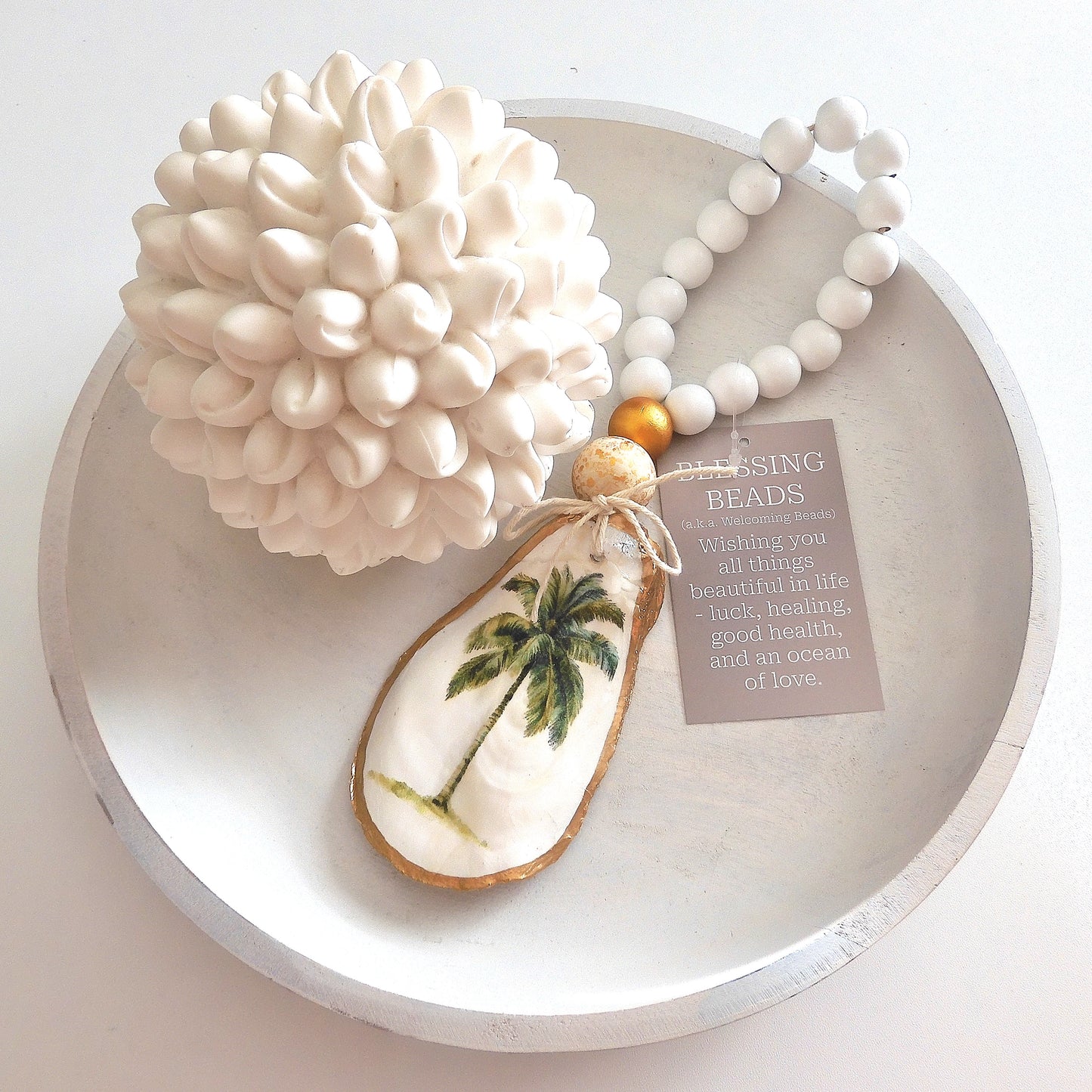 OYSTER SHELL BLESSING BEADS HANGER 12-13cm SHELL 'PALM TREE'