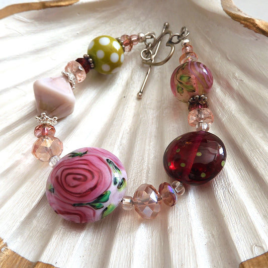 LAMPWORK GLASS BEAD BRACELET 'ROSE GARDEN'