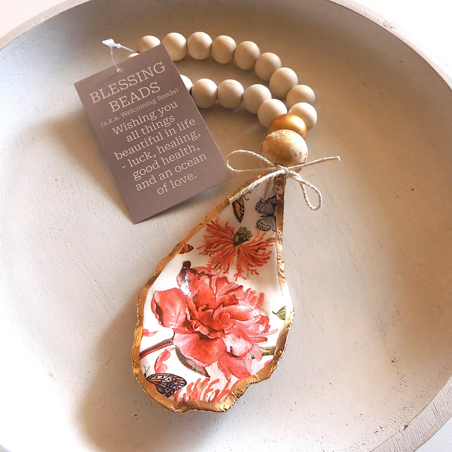 OYSTER SHELL BLESSING BEADS HANGER 12-13cm SHELL 'CHINESE PEONY'