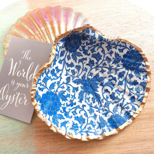 SCALLOP TRINKET DISH JEWELLERY HOLDER - BLUE FLORAL