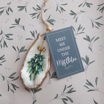HANGING OYSTER SHELL CHRISTMAS ORNAMENT 'Meet me under the Mistletoe'