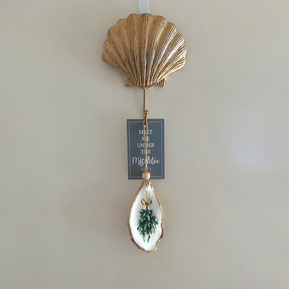 HANGING OYSTER SHELL CHRISTMAS ORNAMENT 'Meet me under the Mistletoe'