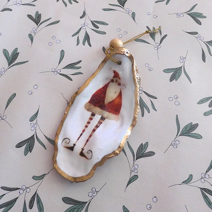HANGING OYSTER SHELL CHRISTMAS ORNAMENT ' Santa with striped legs'