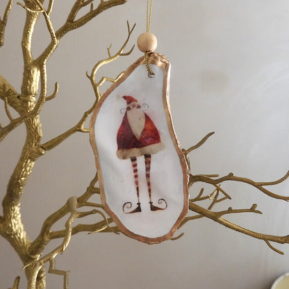 HANGING OYSTER SHELL CHRISTMAS ORNAMENT ' Santa with striped legs'