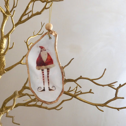 HANGING OYSTER SHELL CHRISTMAS ORNAMENT ' Santa with striped legs'