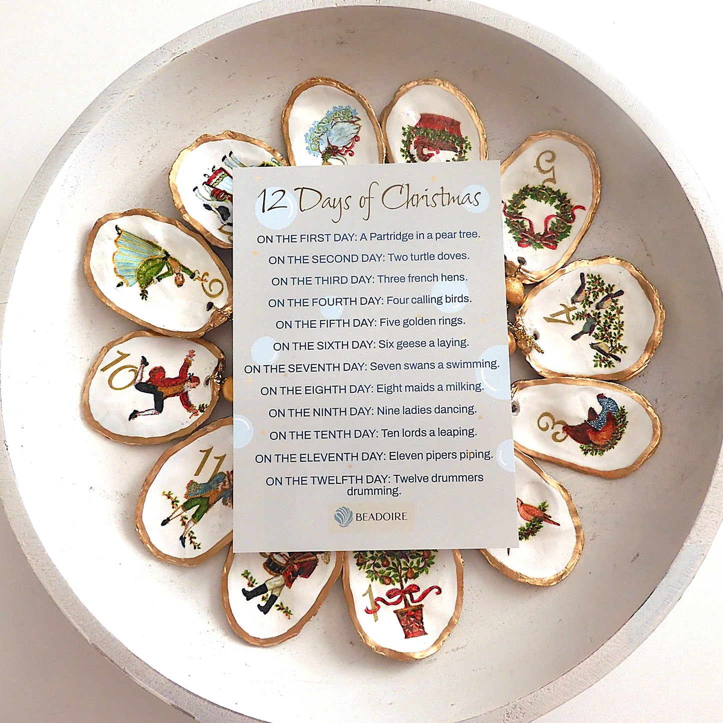 'TWELVE DAYS OF CHRISTMAS' Upcycled Oyster Shell Ornaments