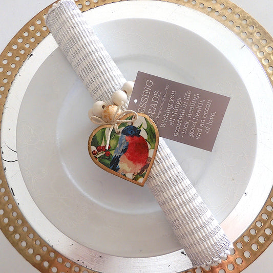 NAPKIN RING HEART BLESSING BEADS - CHRISTMAS RED ROBIN 7 Pieces