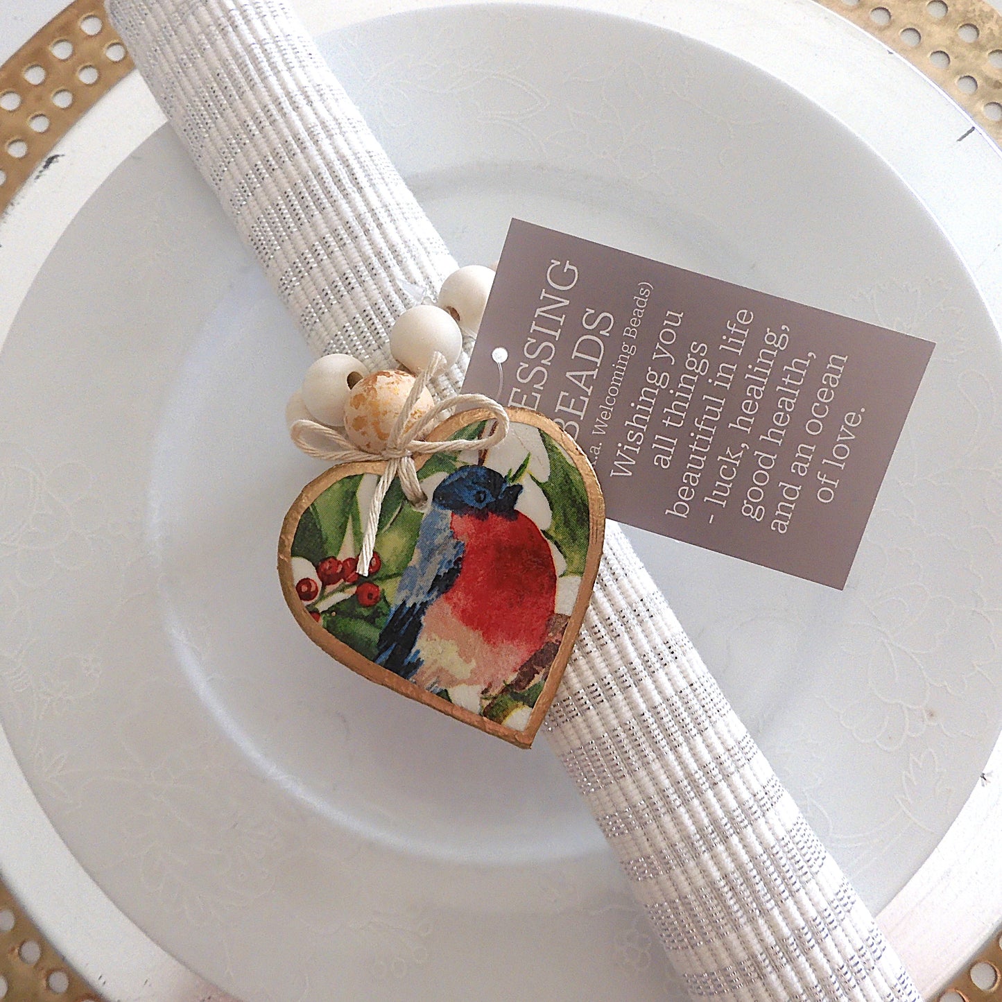 NAPKIN RING HEART BLESSING BEADS - CHRISTMAS RED ROBIN 7 Pieces