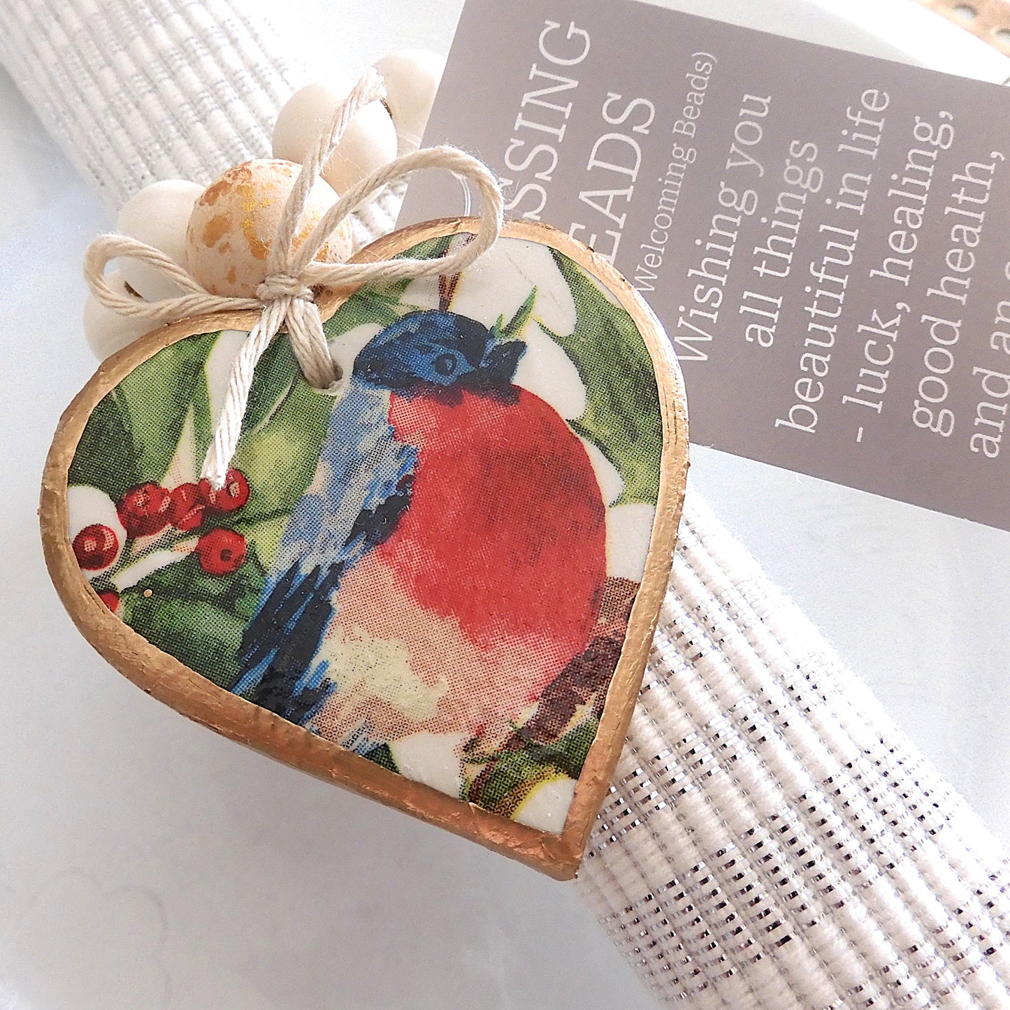 NAPKIN RING HEART BLESSING BEADS - CHRISTMAS RED ROBIN 7 Pieces