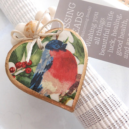 NAPKIN RING HEART BLESSING BEADS - CHRISTMAS RED ROBIN 7 Pieces