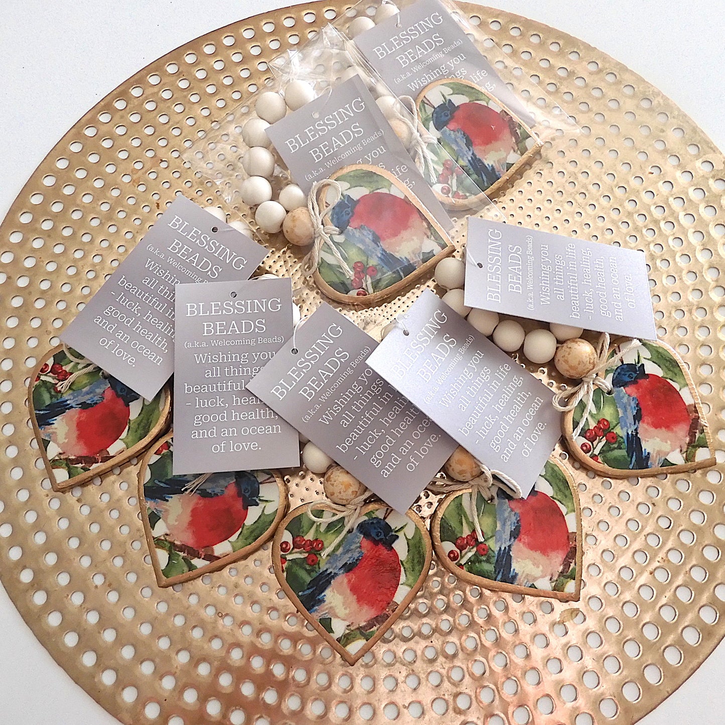 NAPKIN RING HEART BLESSING BEADS - CHRISTMAS RED ROBIN 7 Pieces