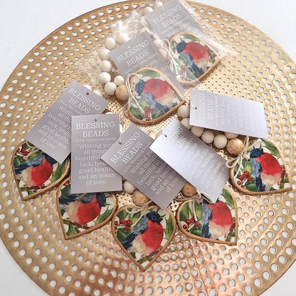 NAPKIN RING HEART BLESSING BEADS - CHRISTMAS RED ROBIN 7 Pieces