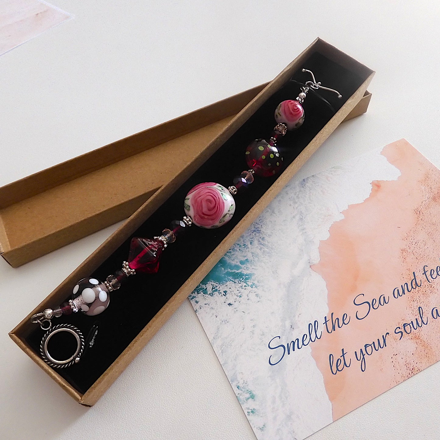 LAMPWORK GLASS BEAD BRACELET 'ROSE GARDEN'