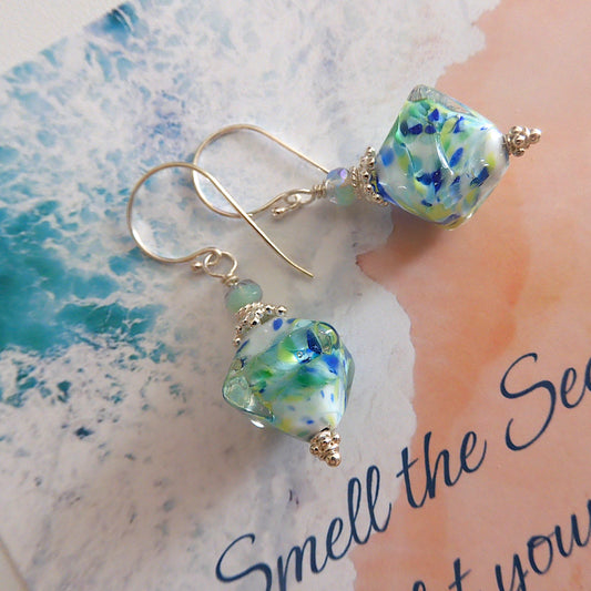 LAMPWORK GLASS BEAD EARRINGS 'OCEAN GEMS' SILVER