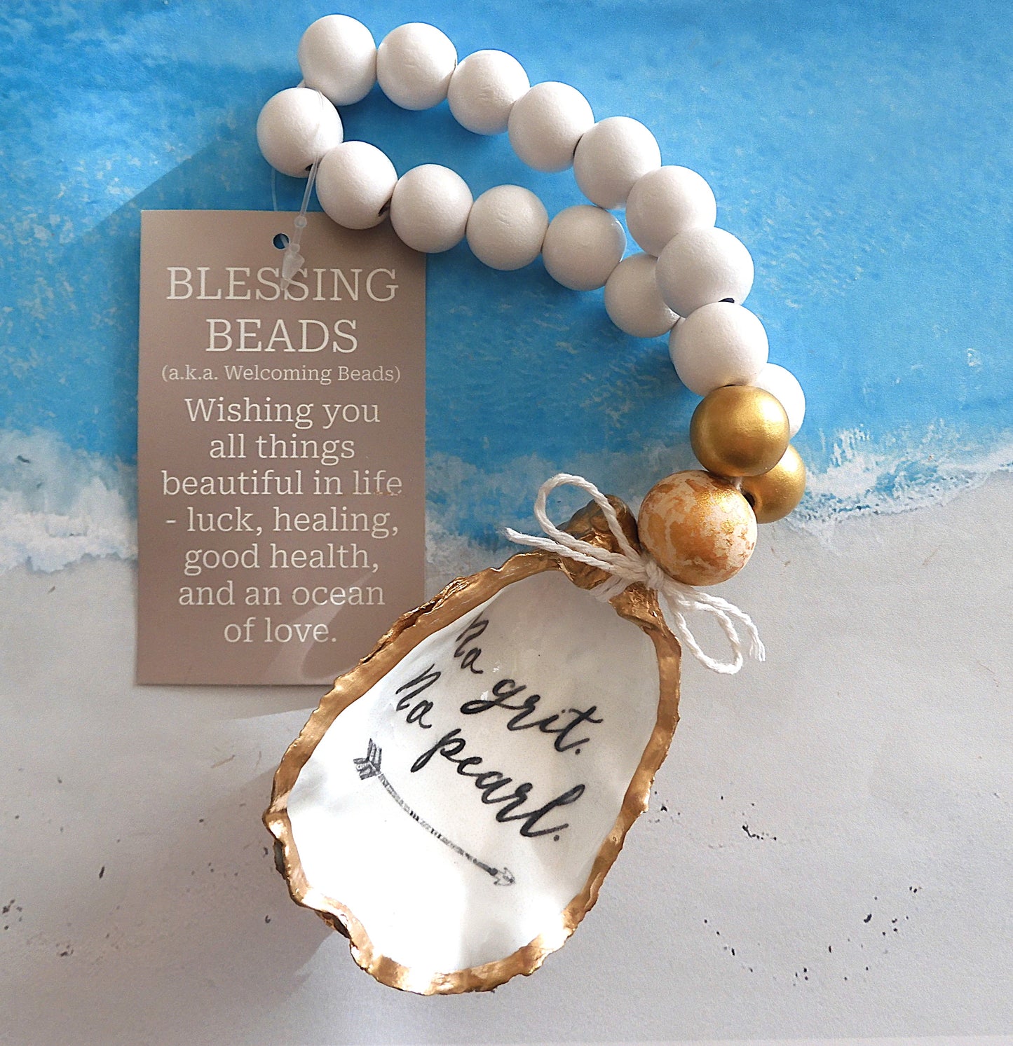 Beach Home Gift Ideas Oyster Shell BLESSING BEADS Hanger (Small) 8-9cm SHELL 'No Grit No Pearl'