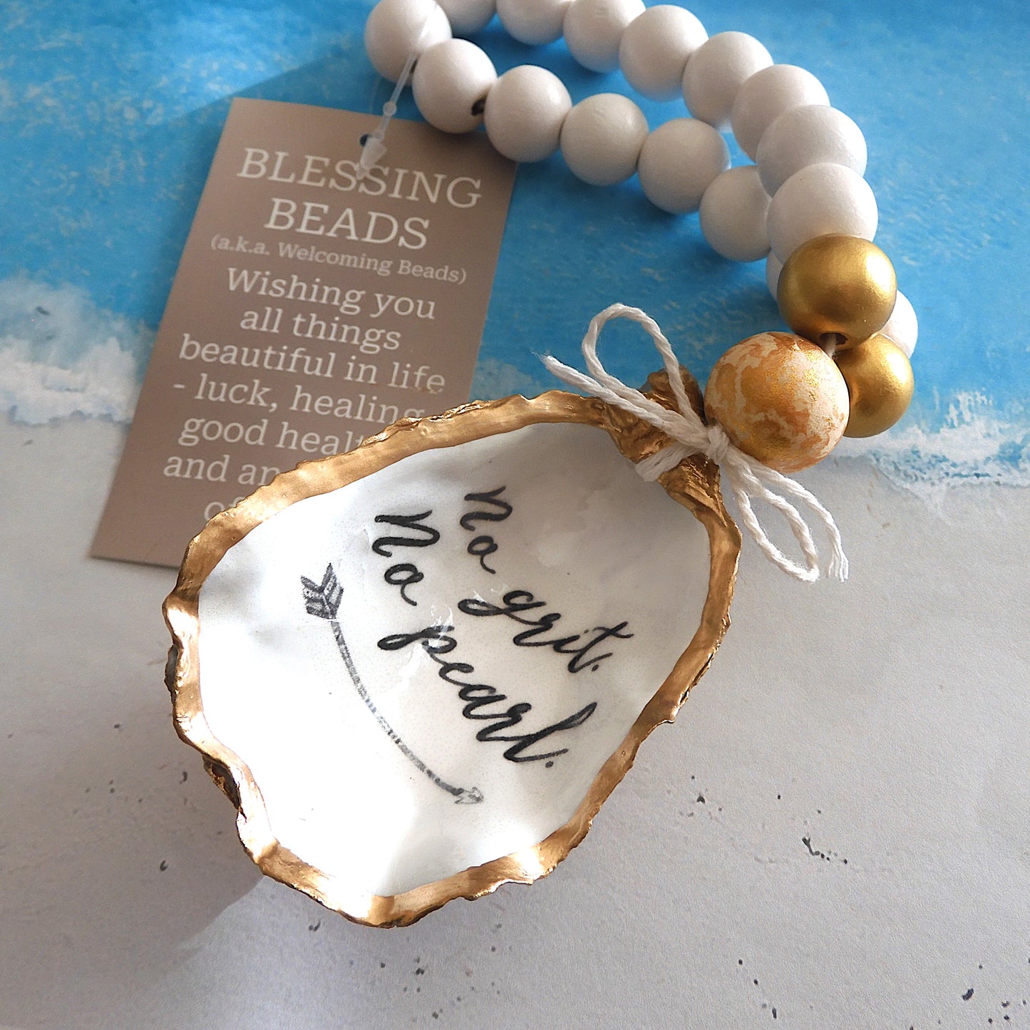 Beach Home Gift Ideas Oyster Shell BLESSING BEADS Hanger (Small) 8-9cm SHELL 'No Grit No Pearl'