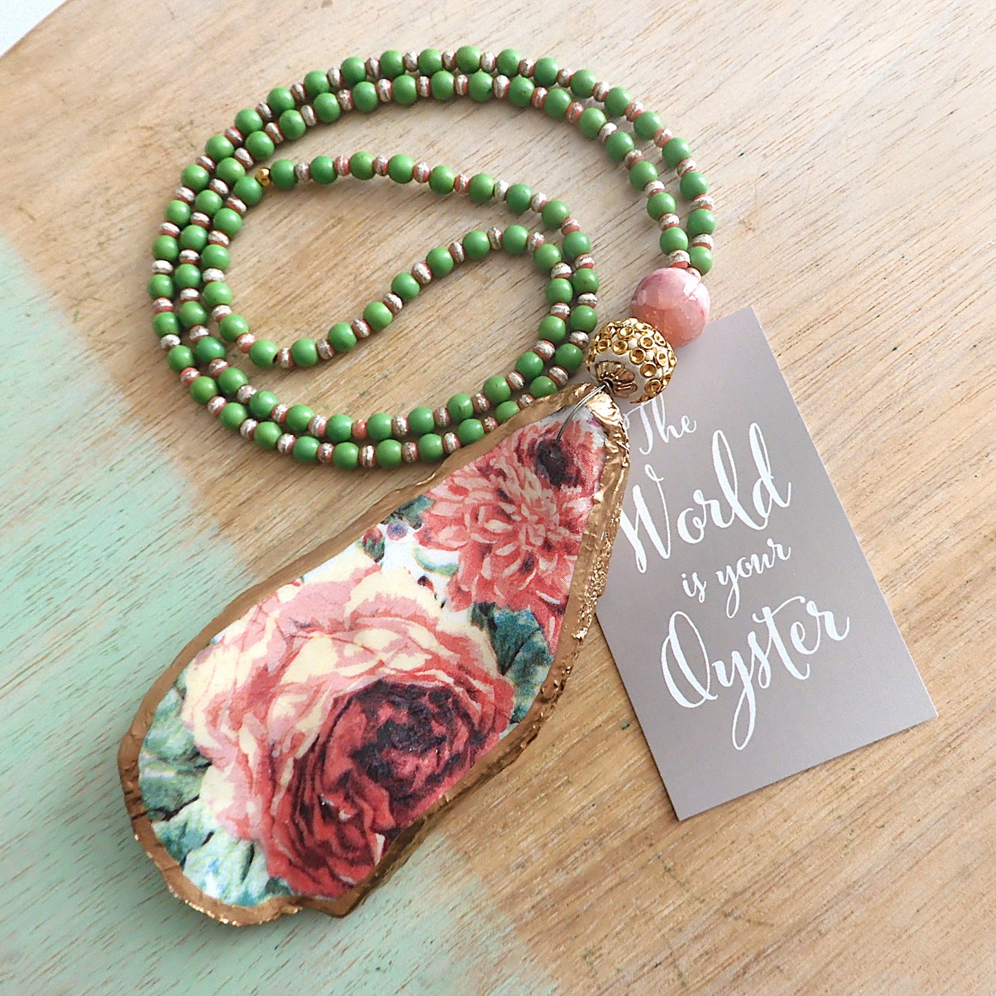 UPCYCLED OYSTER SHELL PENDANT NECKLACE - ROSE BOUQUET