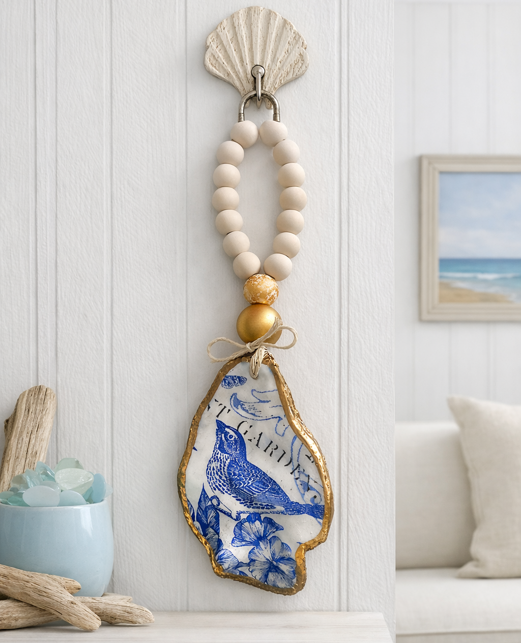 OYSTER SHELL BLESSING BEADS HANGER 12-13cm SHELL 'BLUEBIRD'