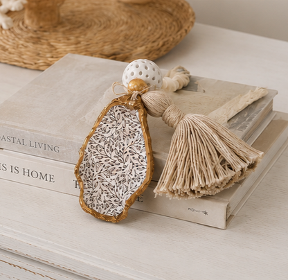 COASTAL BLESSING BEADS WITH OYSTER SHELL & TASSEL - Leaf Print