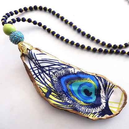 UPCYCLED OYSTER SHELL PENDANT NECKLACE - Peacock Feather