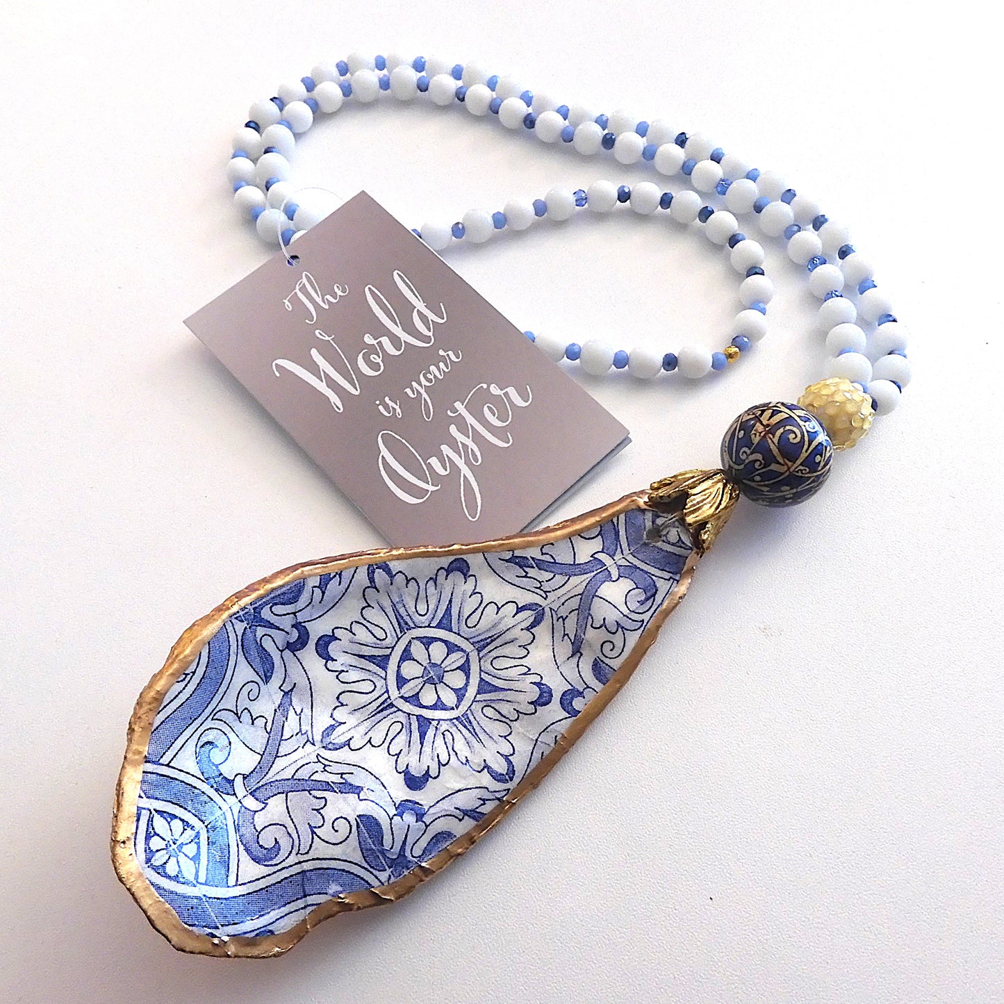 UPCYCLED OYSTER SHELL PENDANT NECKLACE - BOHO BLUE