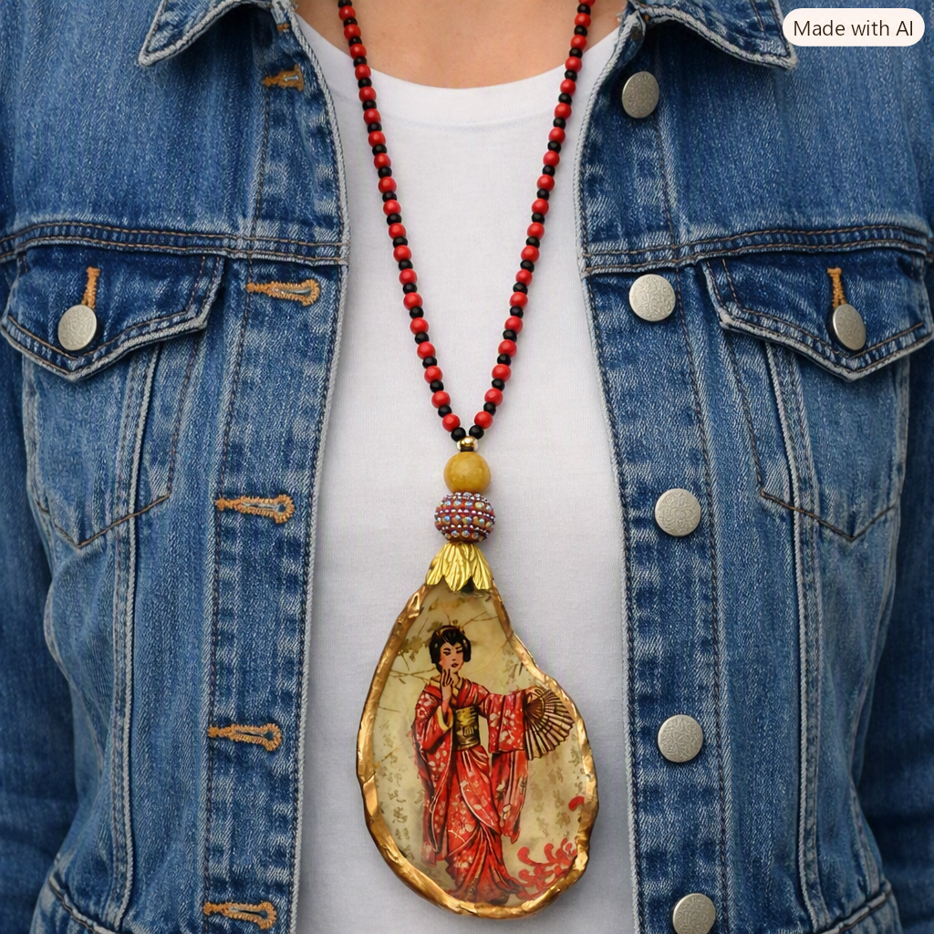 UPCYCLED OYSTER SHELL PENDANT NECKLACE - GEISHA GIRL