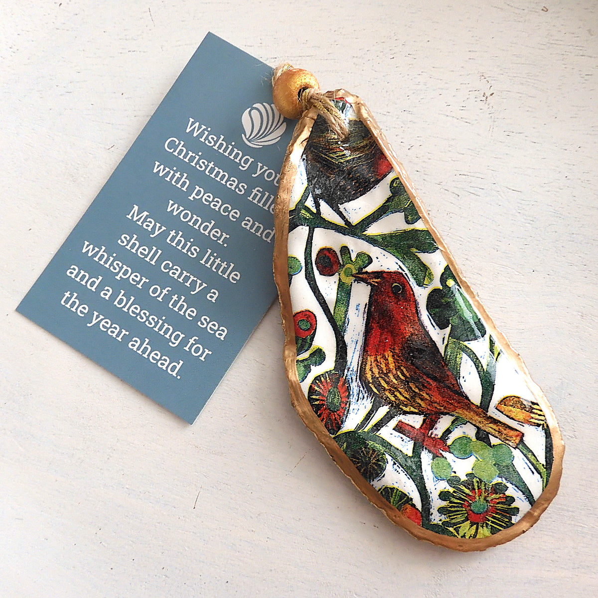 HANGING OYSTER SHELL CHRISTMAS ORNAMENT ' Partridge in a Pear Tree'