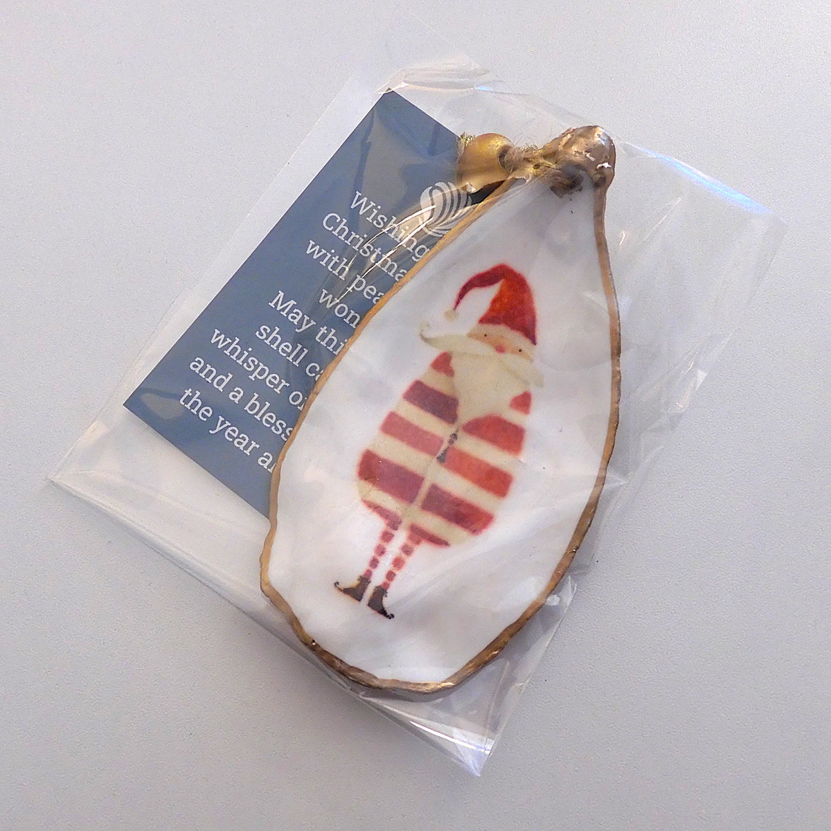HANGING OYSTER SHELL CHRISTMAS ORNAMENT ' Stripe Suit Santa'