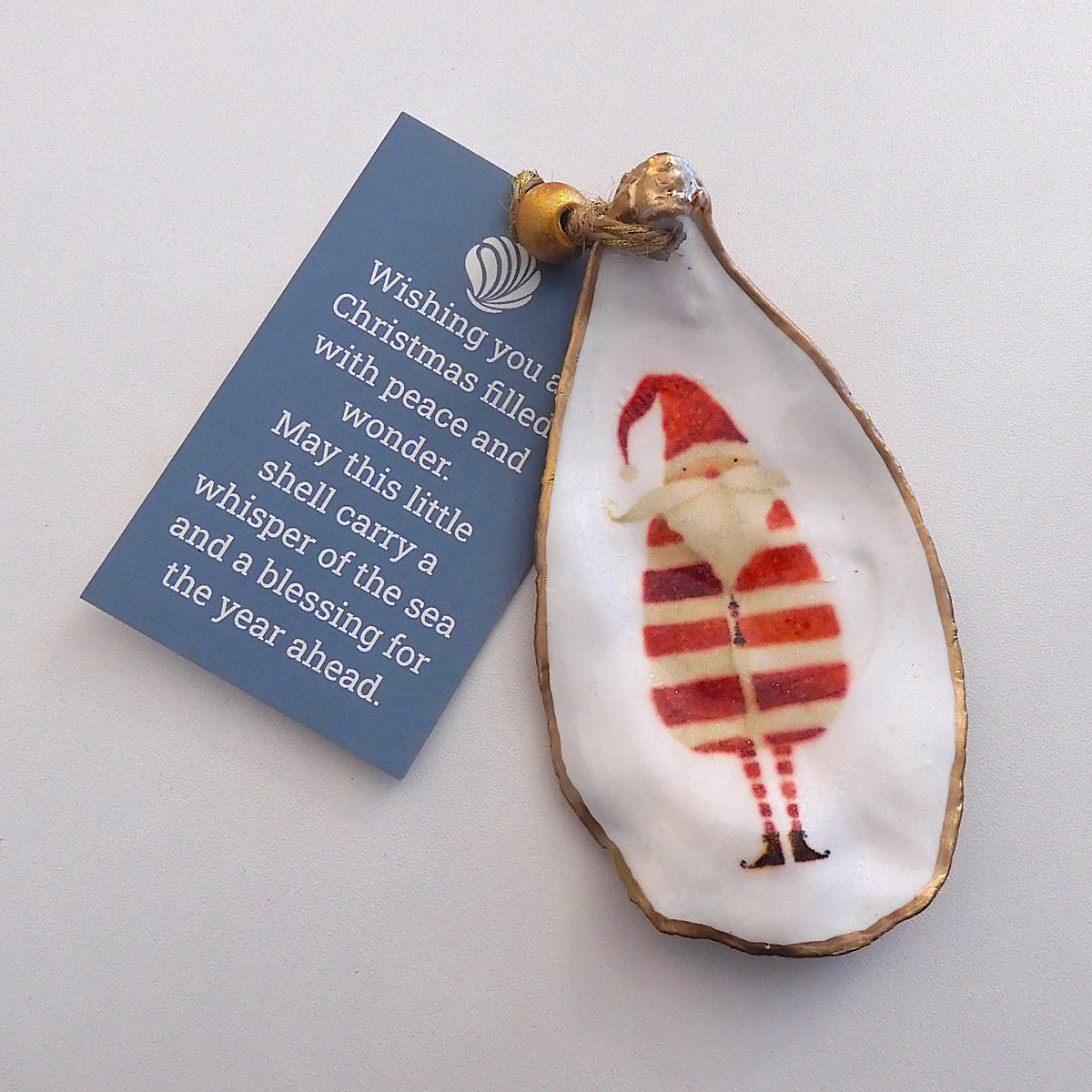 HANGING OYSTER SHELL CHRISTMAS ORNAMENT ' Stripe Suit Santa'