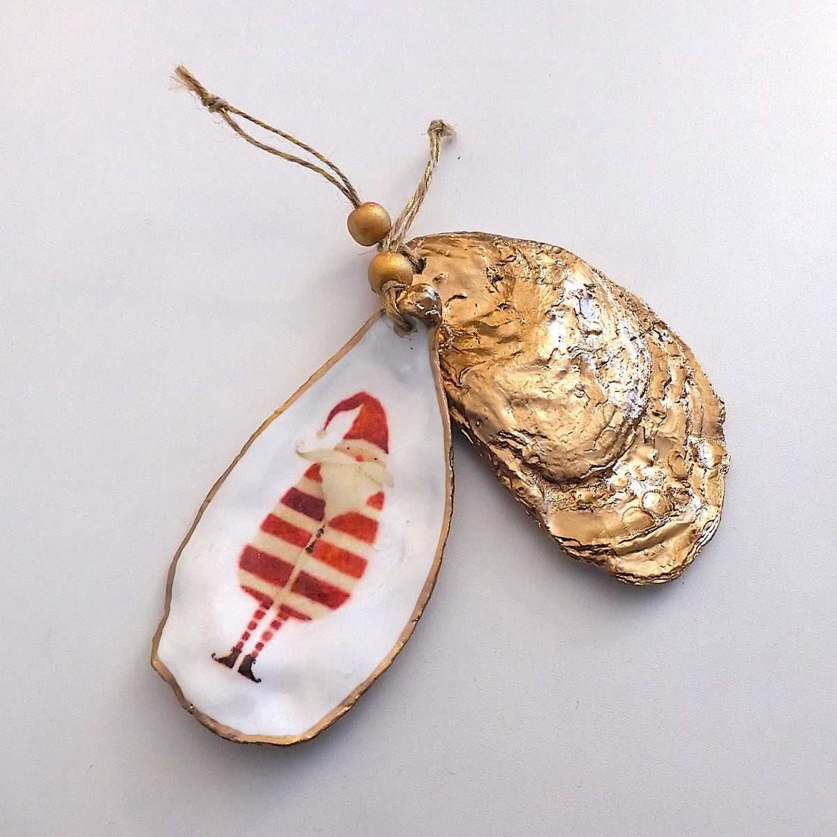 HANGING OYSTER SHELL CHRISTMAS ORNAMENT ' Stripe Suit Santa'