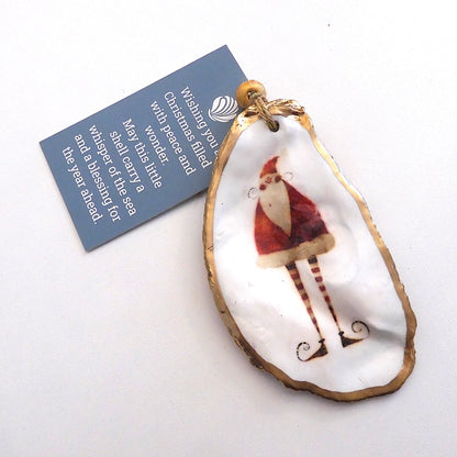 HANGING OYSTER SHELL CHRISTMAS ORNAMENT 'Stripey Leg Santa'