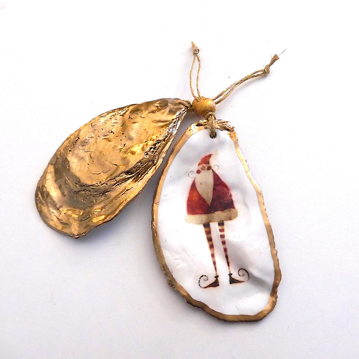 HANGING OYSTER SHELL CHRISTMAS ORNAMENT 'Stripey Leg Santa'
