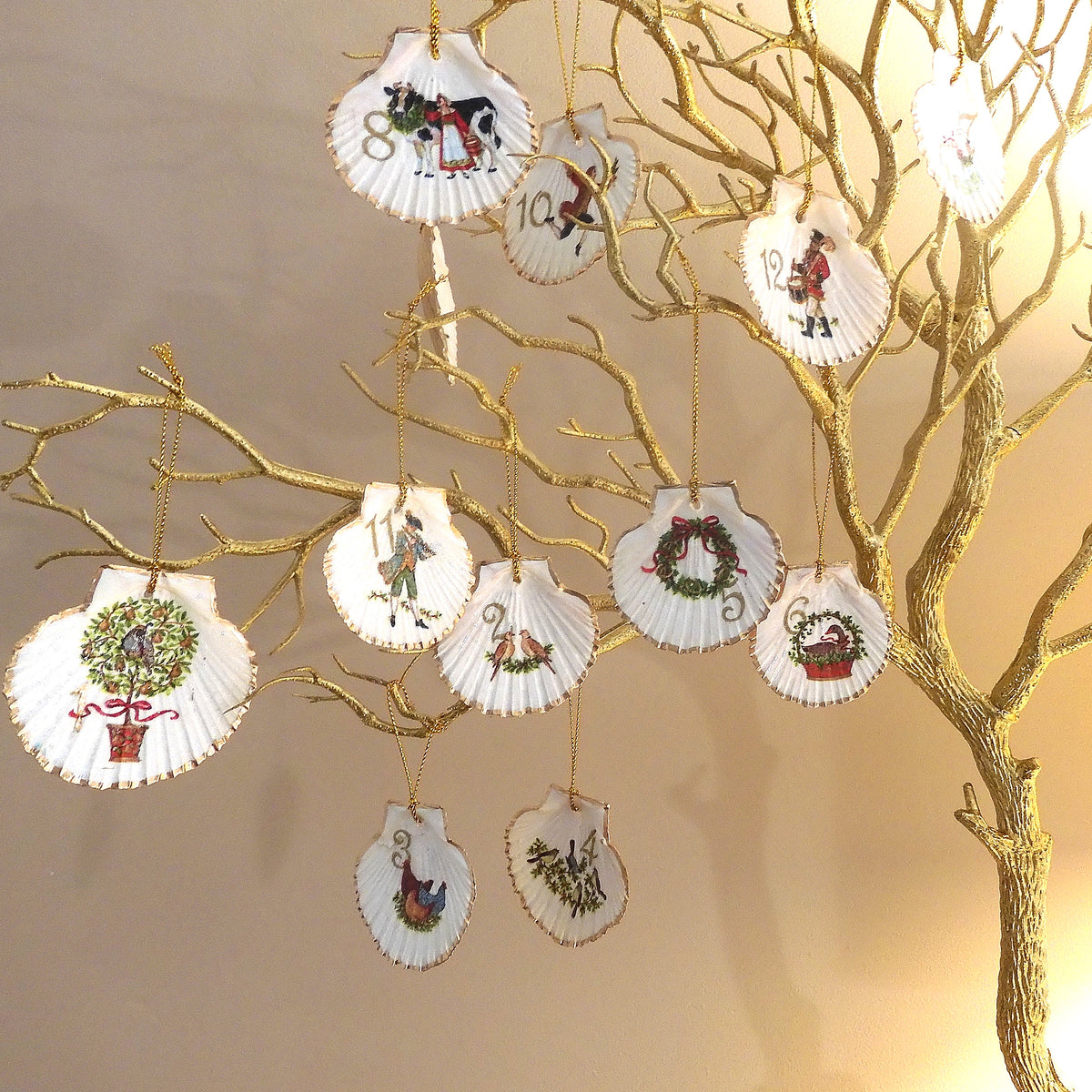 'TWELVE DAYS OF CHRISTMAS' Upcycled Scallop Shell Ornaments